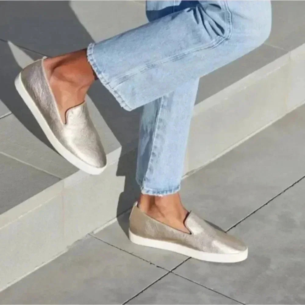 Birdies The Swift Slip On Leather Flats Sneakers Shoes Metallic Gold Size 7